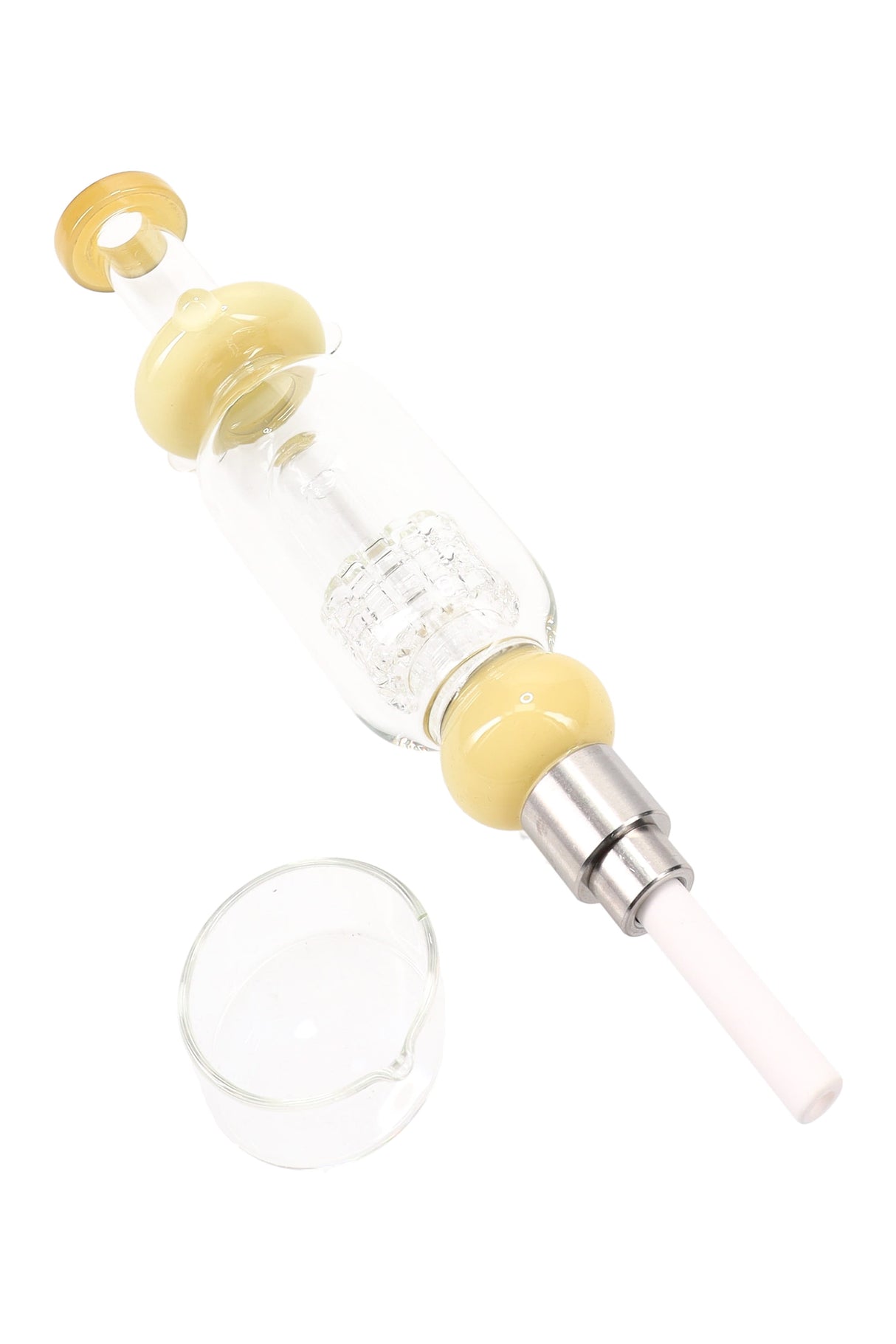 Yellow-accent matrix perc dab straw kit with ceramic tip and glass dish; 8½-inch portable design.