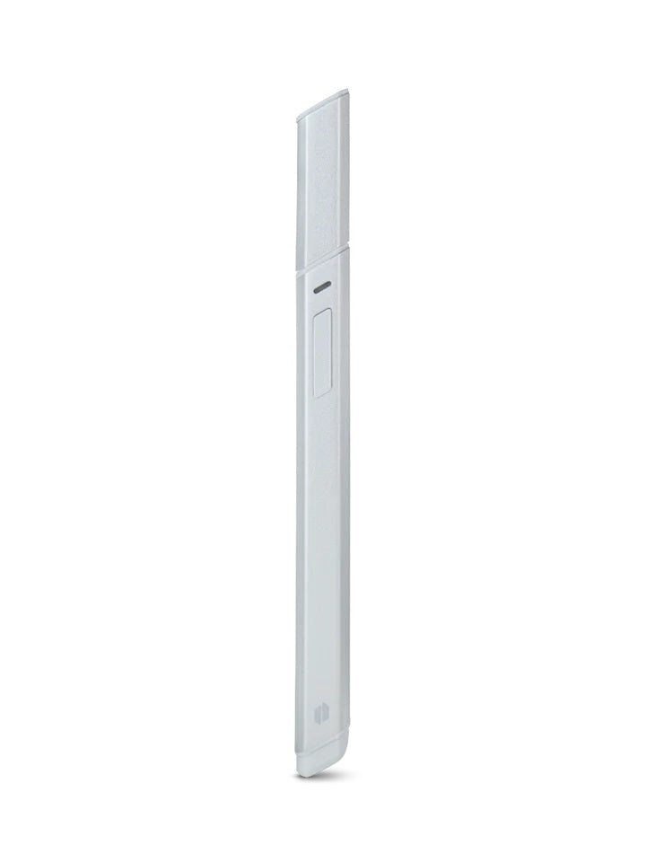 Pearl white Puffco Hot Knife closed, minimalist pen-style profile with angled tip and discreet button detail.