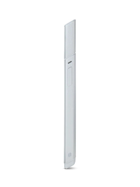 Pearl white Puffco Hot Knife closed, minimalist pen-style profile with angled tip and discreet button detail.