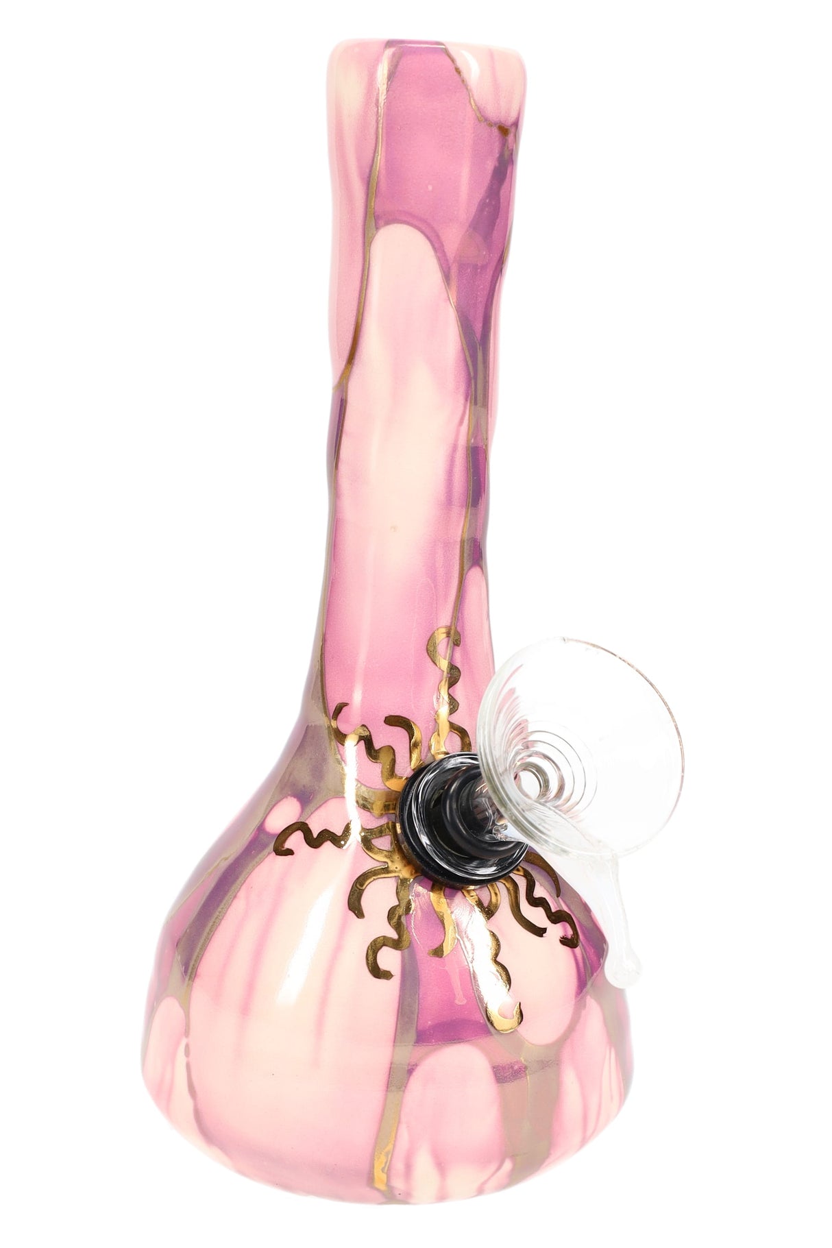 Pink and white marbled 6″ ceramic beaker bong with gold accents and compact beaker base for stability.