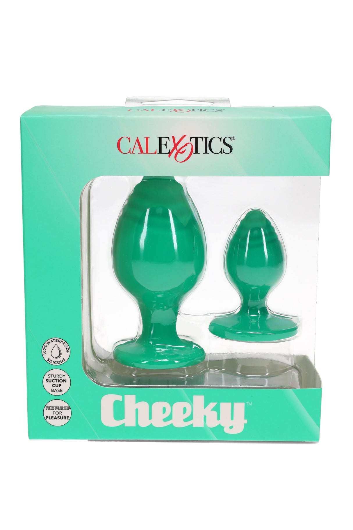 Cheeky two-piece silicone anal plug set in teal green with sturdy suction-cup bases, boxed with waterproof and textured features.