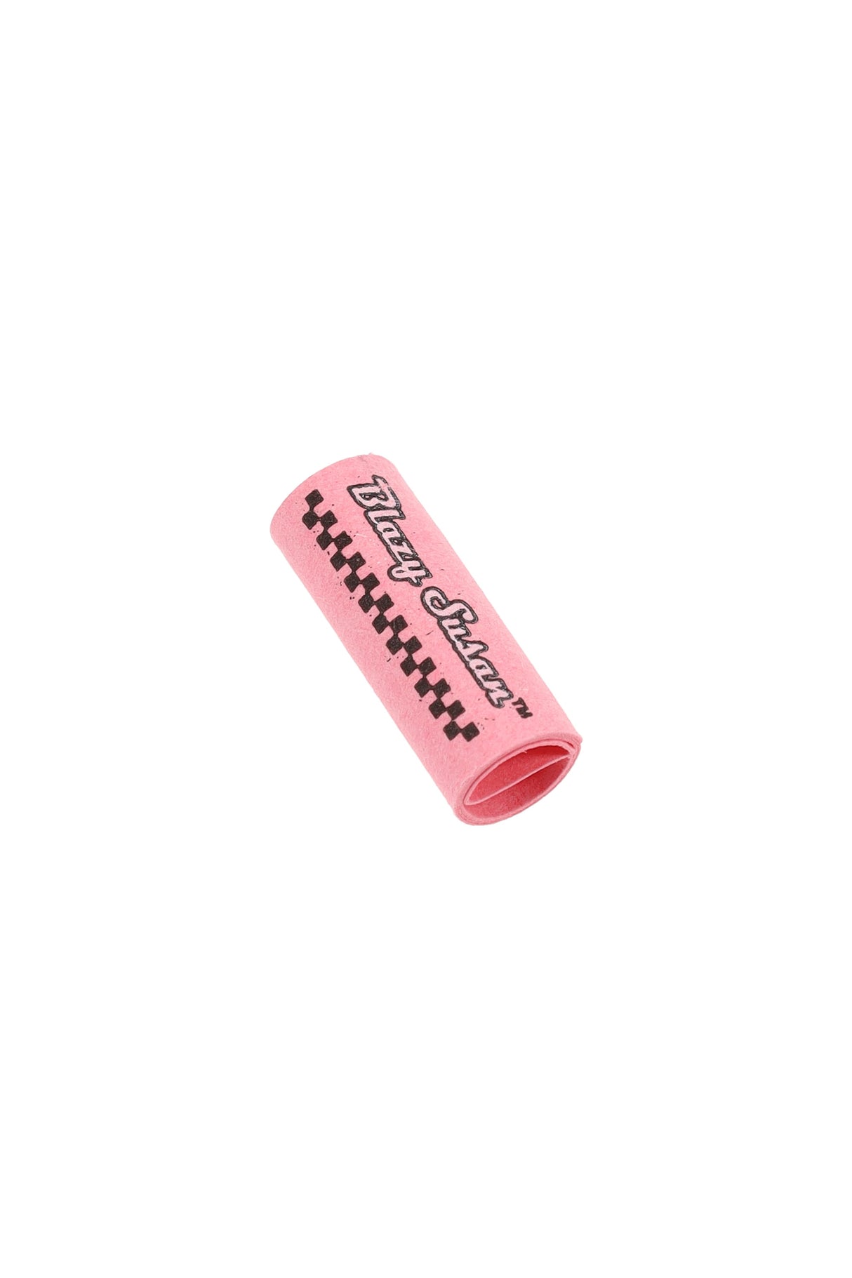 Closeup Blazy Susan pink pre-rolled filter tip, rolled paper cylinder with checker stripe and logo for hand-rolled smokes.