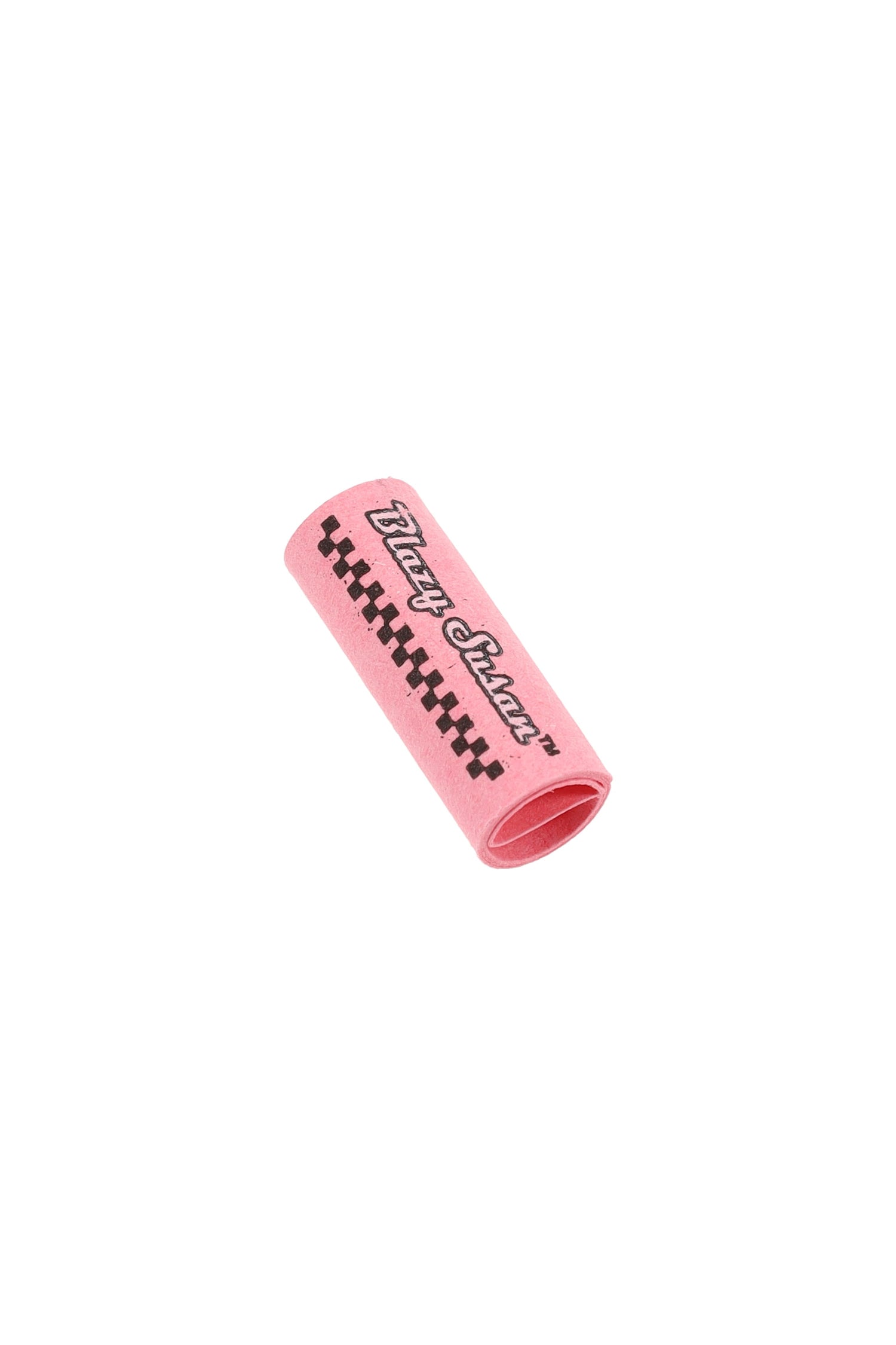 Closeup Blazy Susan pink pre-rolled filter tip, rolled paper cylinder with checker stripe and logo for hand-rolled smokes.