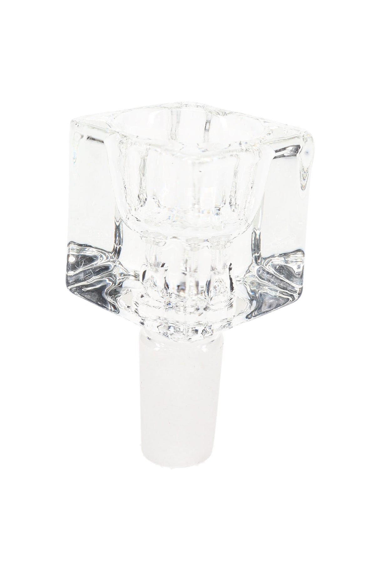 Crystal clear glass cube bowl slide, 14 mm male joint, sparkling transparency emphasized against a white studio background.