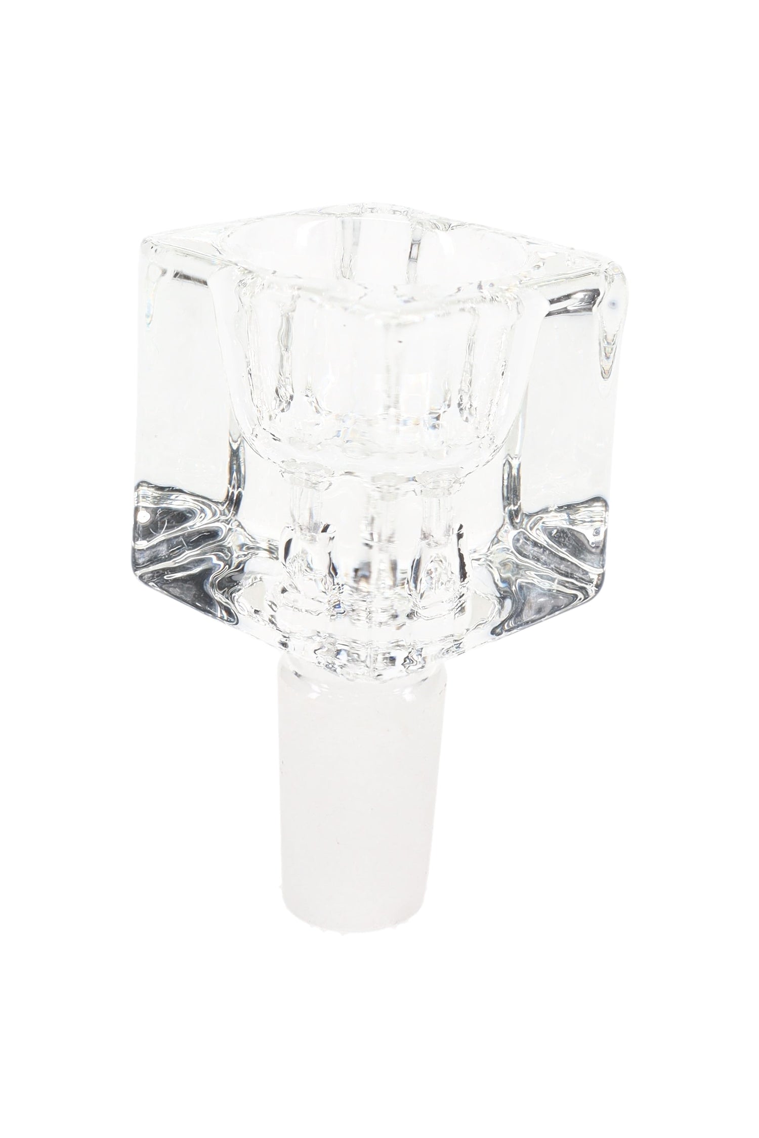 Crystal clear glass cube bowl slide, 14 mm male joint, sparkling transparency emphasized against a white studio background.