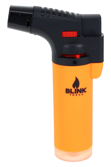 Blink Neon Lites butane torch lighter in neon orange with straight nozzle, flame adjuster and lock slider, clean upright studio product view.