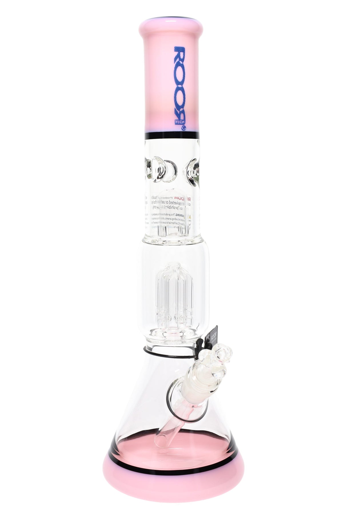 Clear ROOR Tech 14-inch beaker bong with pink mouthpiece and base accents, tree perc, ice pinch, glass-on-glass downstem and bowl.