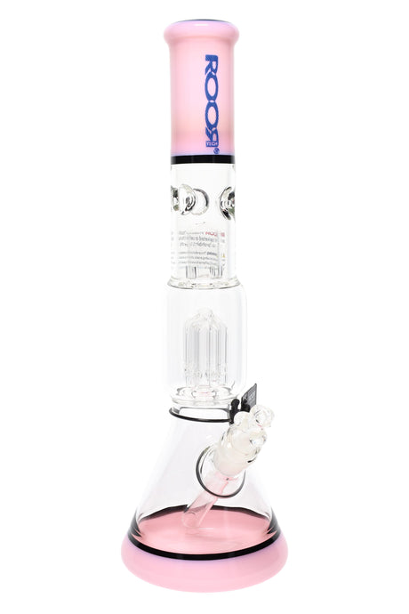 Clear ROOR Tech 14-inch beaker bong with pink mouthpiece and base accents, tree perc, ice pinch, glass-on-glass downstem and bowl.