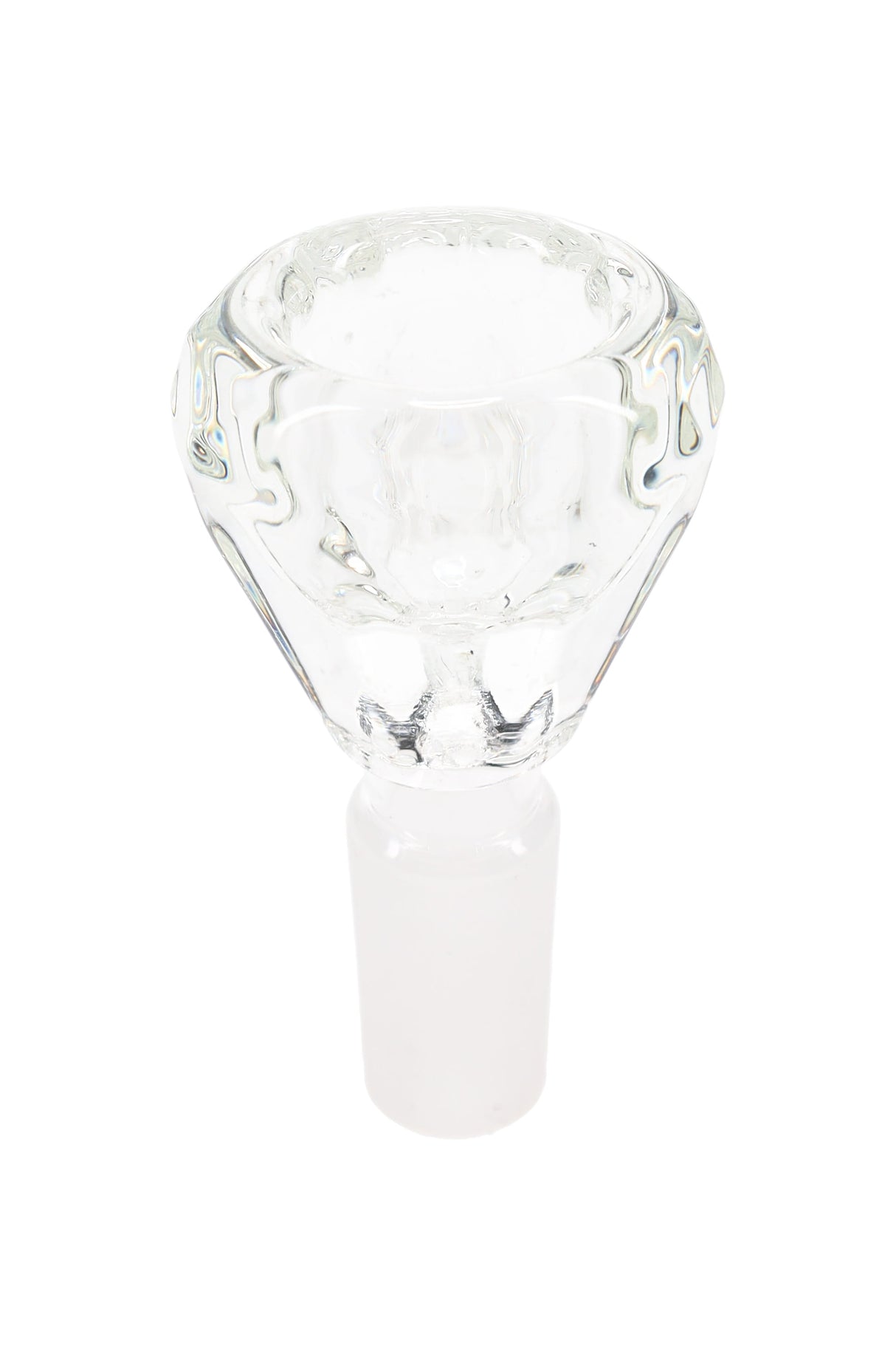 Clear diamond-cut glass bong bowl with 14.5 mm male ground joint and faceted sides; clean, universal replacement slide.