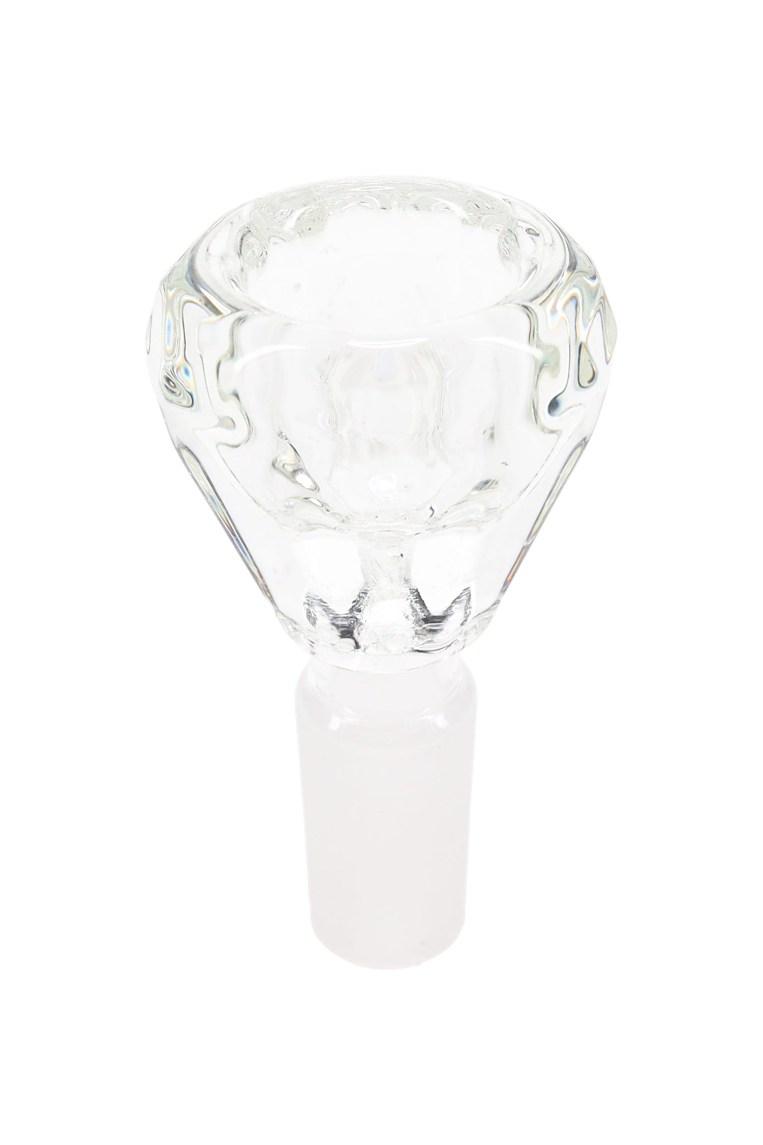 Clear diamond-cut glass bong bowl with 14.5 mm male ground joint and faceted sides; clean, universal replacement slide.