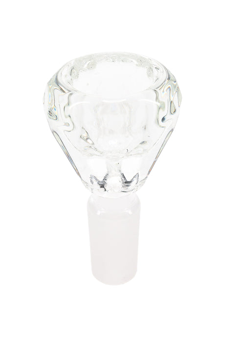 Clear diamond-cut glass bong bowl with 14.5 mm male ground joint and faceted sides; clean, universal replacement slide.