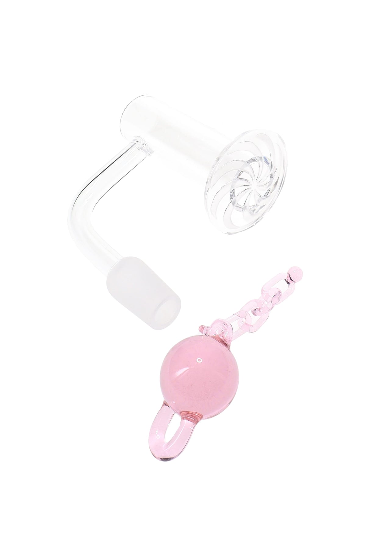 Side view of quartz terp slurper banger, 14.5 mm male; includes 22 mm ball and chain for active airflow; works only with matching female joints.