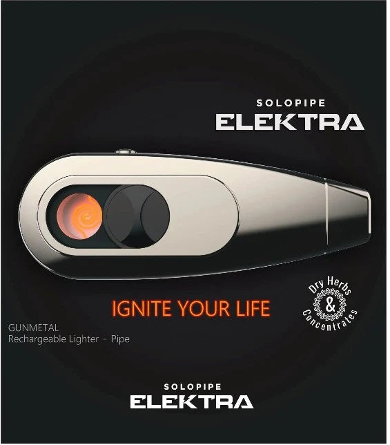 Promotional image of Solopipe Elektra showing glowing electric coil, labeled for dry herbs and concentrates, gunmetal finish.