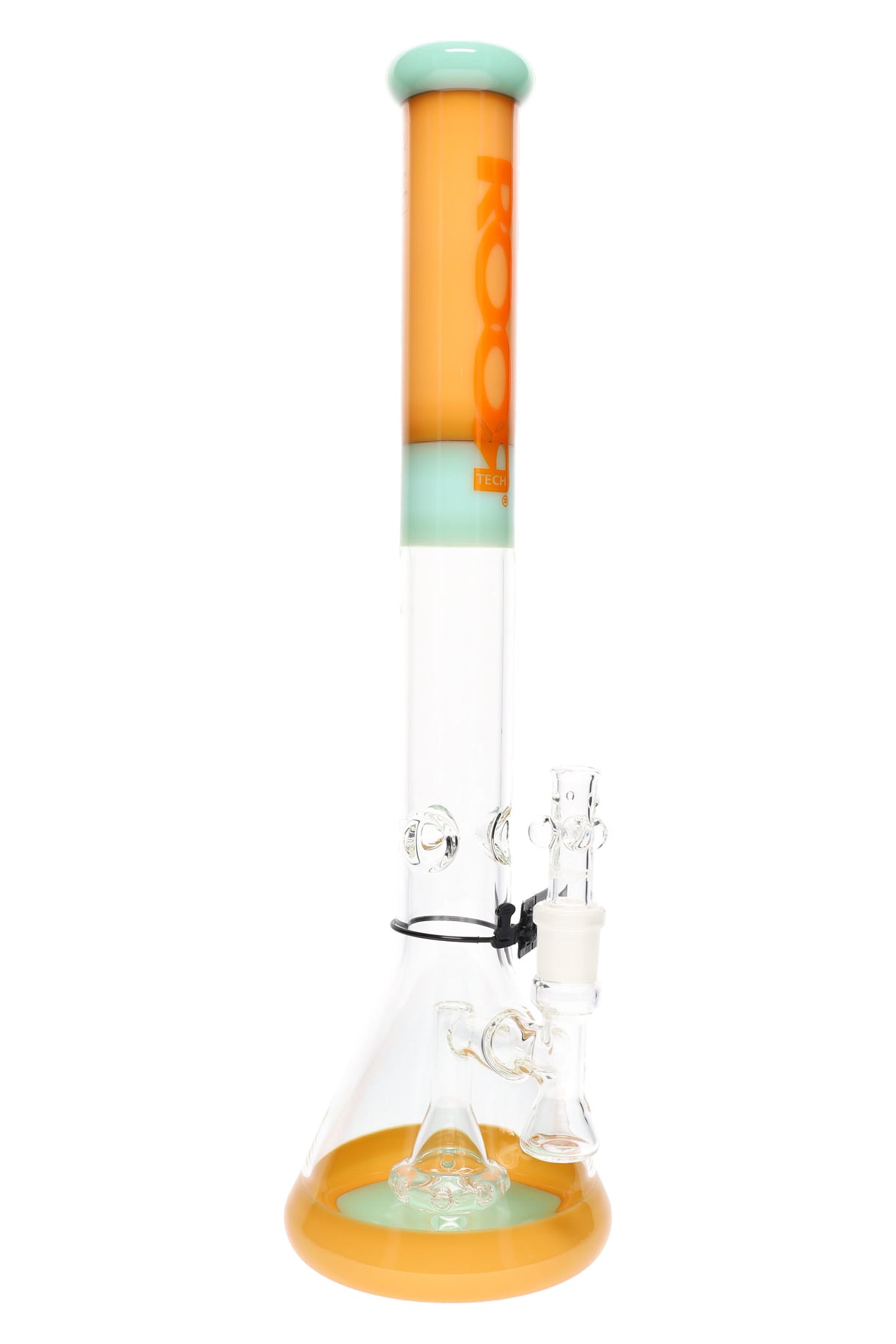 ROOR Tech 18-inch multicolor beaker bong with showerhead perc, 5 mm thick borosilicate, glass-on-glass joint, downstem and bowl, green–orange colorway.