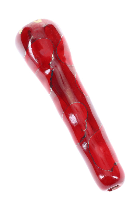 Cherry red 4-inch ceramic chunky bat one-hitter with silver swirl lines and rounded tip, high-gloss glaze.