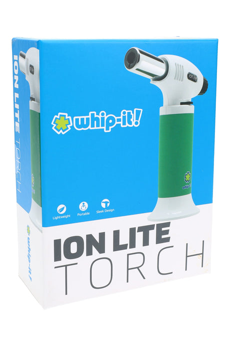 Ion Lite torch white body with green grip shown on box; small table-top torch lighter, clean front-left angle.