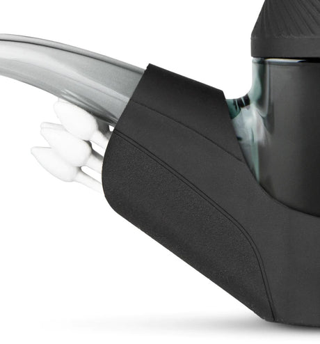 Detail of the black silicone backpack on Proxy stem, cotton swabs stored inside the holder for quick cleaning on the go.