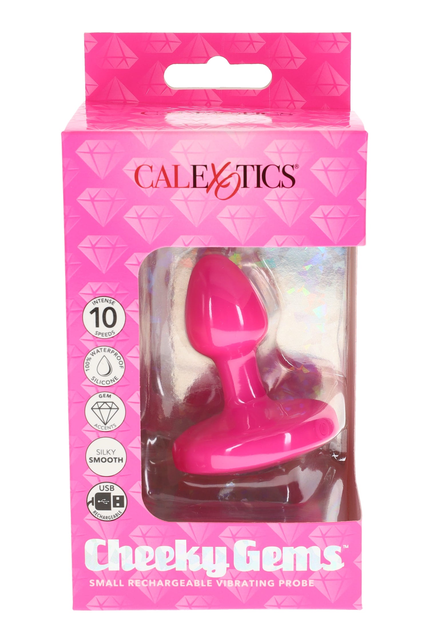 Small rechargeable vibrating butt plug in pink with flared jewel base, 10 vibration modes, waterproof silicone, USB charging, shown boxed.