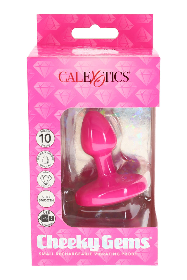 Small rechargeable vibrating butt plug in pink with flared jewel base, 10 vibration modes, waterproof silicone, USB charging, shown boxed.