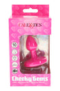 Small rechargeable vibrating butt plug in pink with flared jewel base, 10 vibration modes, waterproof silicone, USB charging, shown boxed.