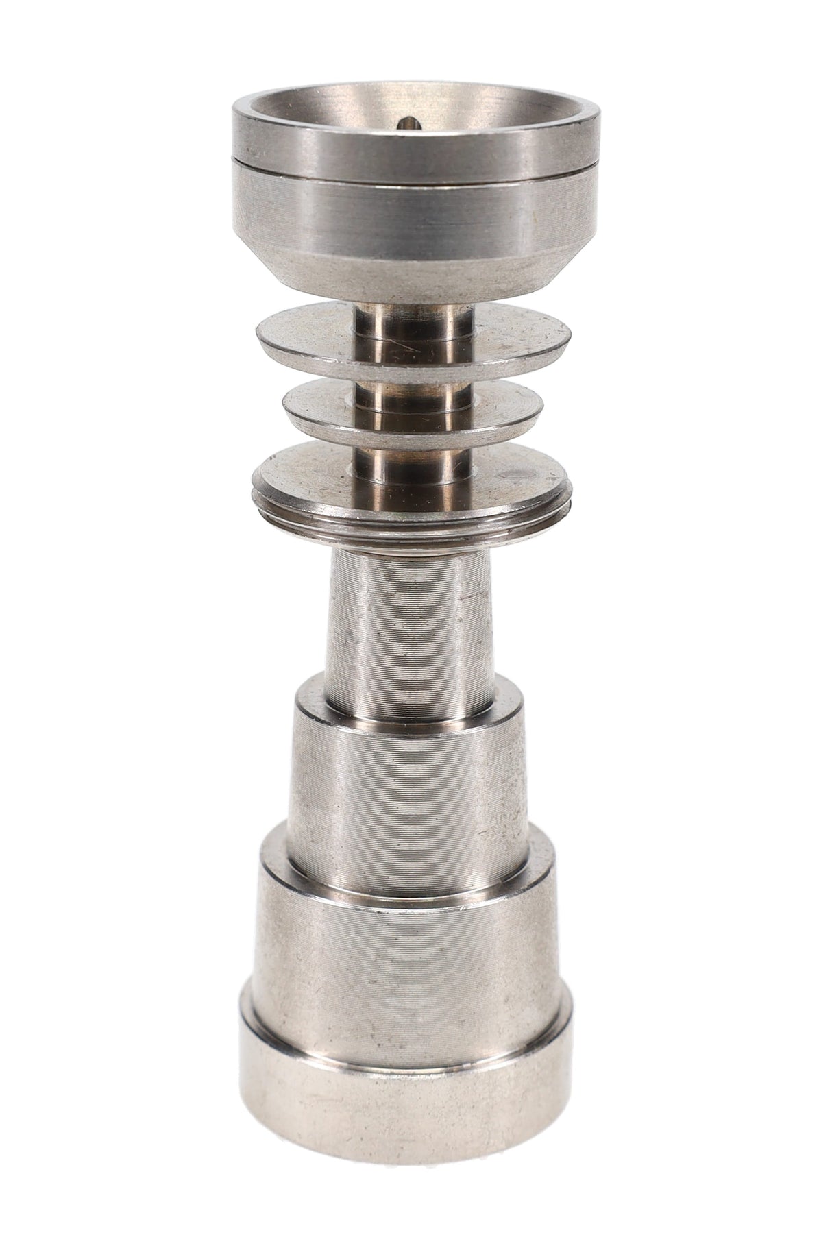 Side view of stainless steel universal domeless nail highlighting multi-size steps and airflow cap on top.