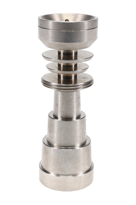 Side view of stainless steel universal domeless nail highlighting multi-size steps and airflow cap on top.