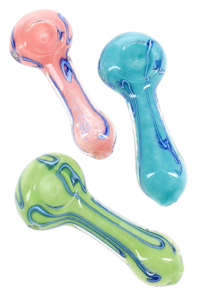 Three 3.5-inch frit glass spoon pipes in pastel pink, teal, and green bodies with navy swirl stripes, displayed on a white backdrop