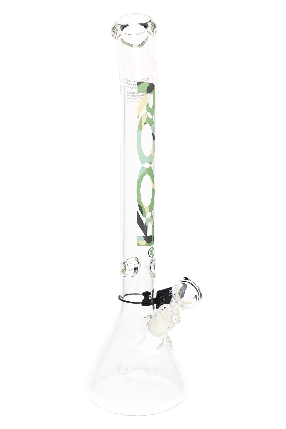 ROOR 18-inch bent-neck beaker bong, 5 mm thick borosilicate with ice pinch, glass-on-glass joint, diffused downstem and herb bowl, camo ROOR decal.