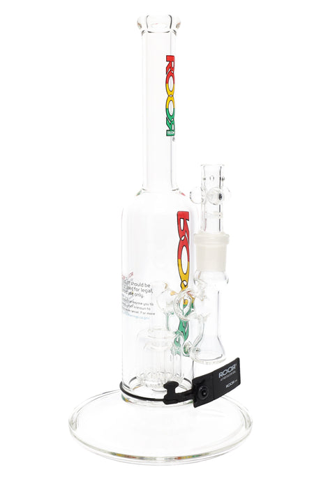 ROOR Tech 12″ straight tube bong, stemless design with barrel perc chamber, flat base, rasta ROOR decal, and glass-on-glass joint detail.