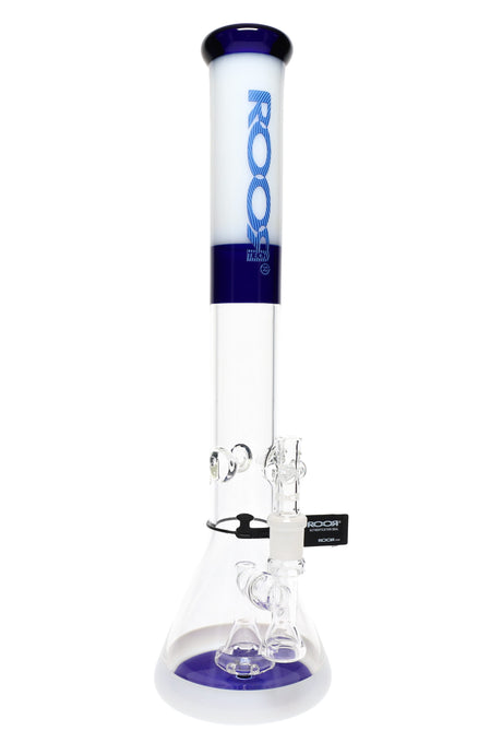 ROOR Tech 18-inch stemless beaker bong in cobalt blue and white accents, clear beaker base with fixed showerhead perc and matching bowl.