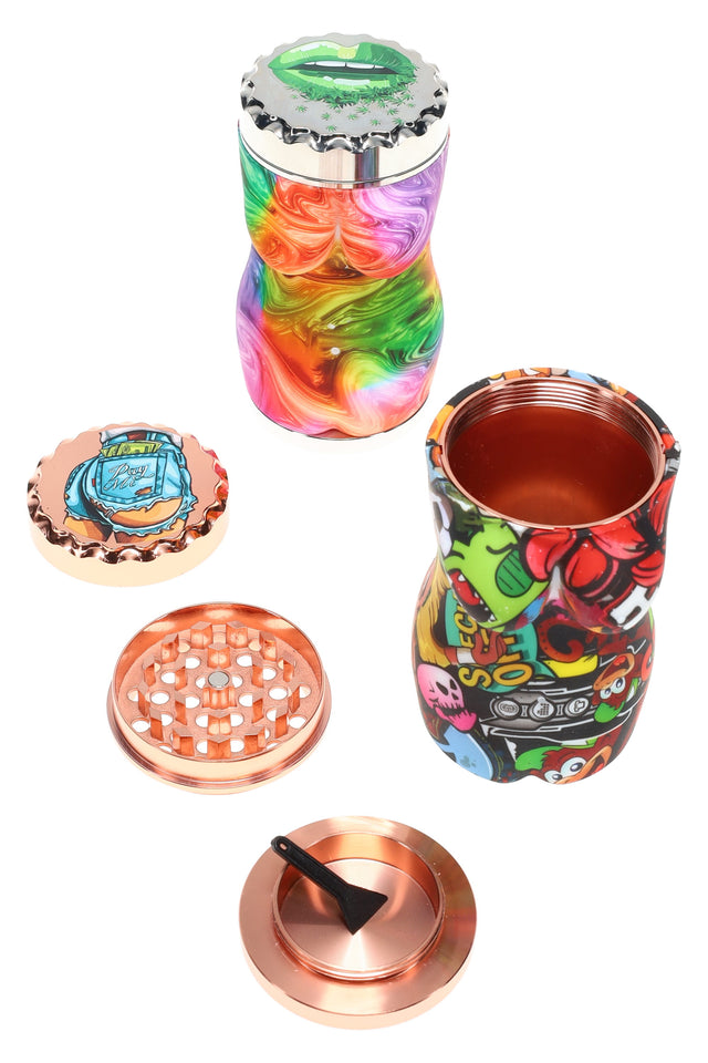 2⅛-inch 4-part silicone and metal herb grinder with curved body, decal print, kief screen, and scraper, shown disassembled.
