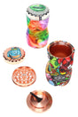 2⅛-inch 4-part silicone and metal herb grinder with curved body, decal print, kief screen, and scraper, shown disassembled.