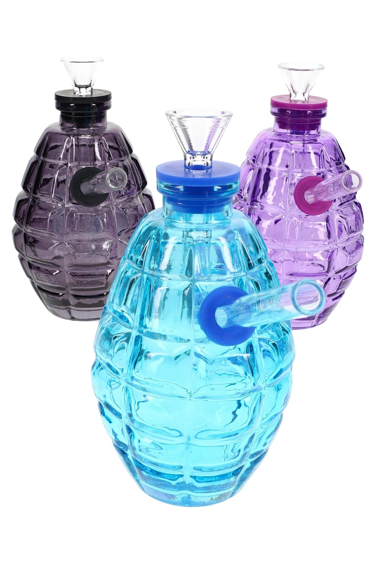 Colored glass grenade bong group in black, blue, and purple with compact 4½-inch textured bodies