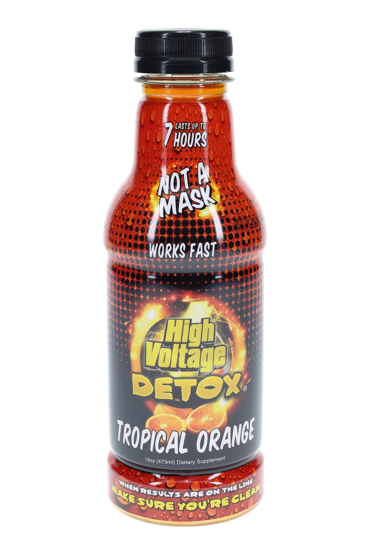 High Voltage Detox drink 16 oz bottle, Tropical Orange flavor, labeled “Not a Mask” and “Works Fast” dietary supplement.