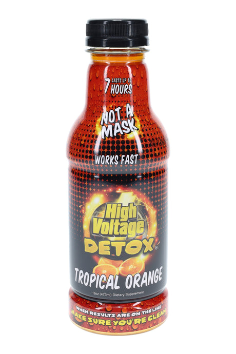 High Voltage Detox drink 16 oz bottle, Tropical Orange flavor, labeled “Not a Mask” and “Works Fast” dietary supplement.