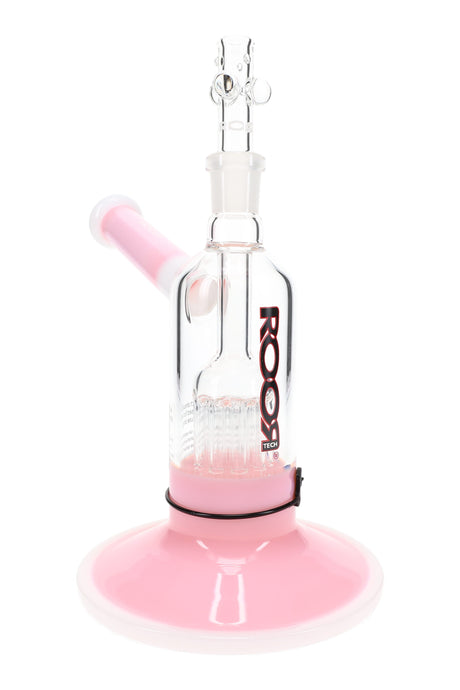 RooR Tech 7.5″ chamber bubbler with ten-arm tree perc, pink base and tube accents, 18.8 mm female joint, stemless body on wide foot.