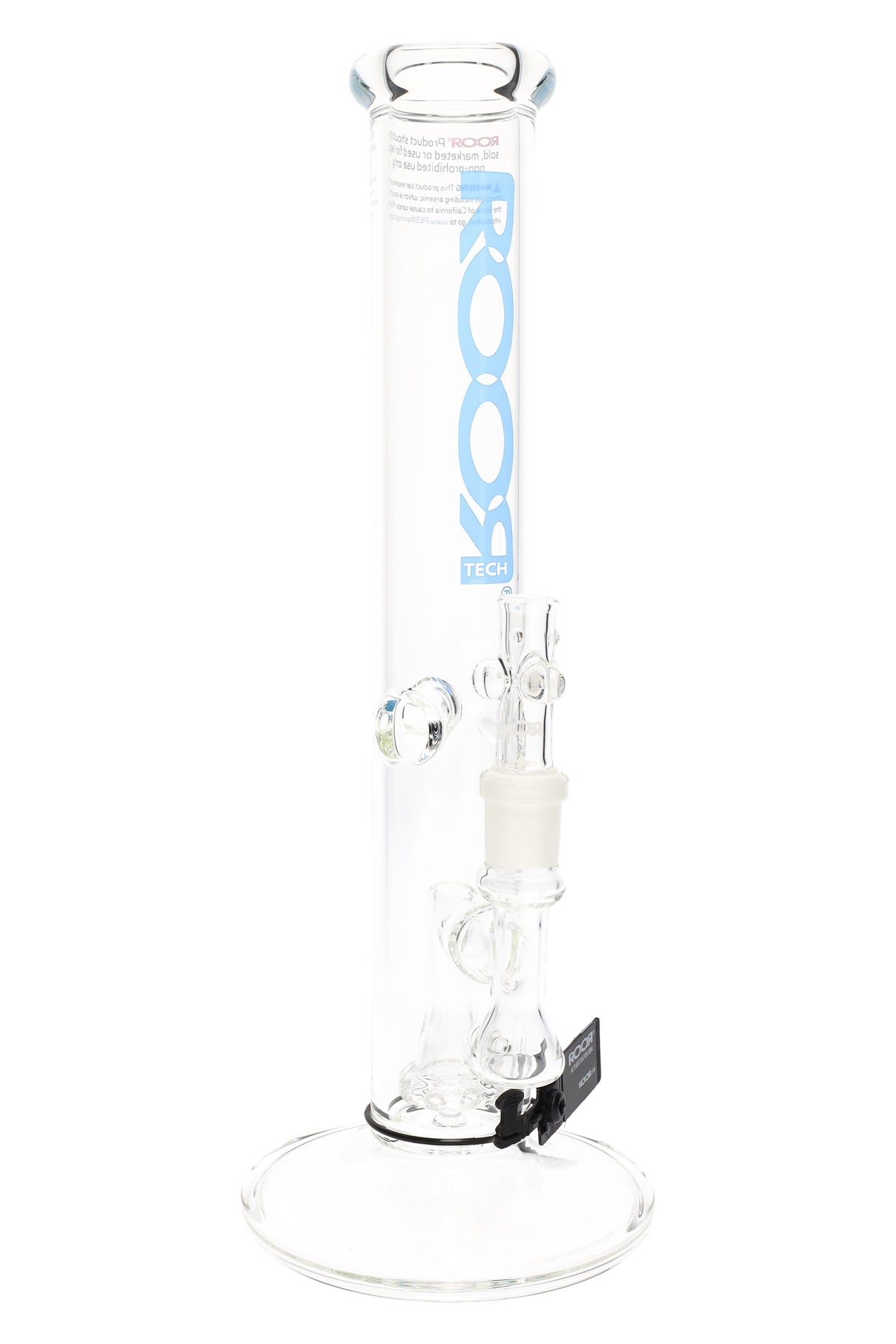 ROOR Tech 14-inch clear straight tube water pipe, showerhead percolator, 5 mm thick borosilicate, light-blue decal.