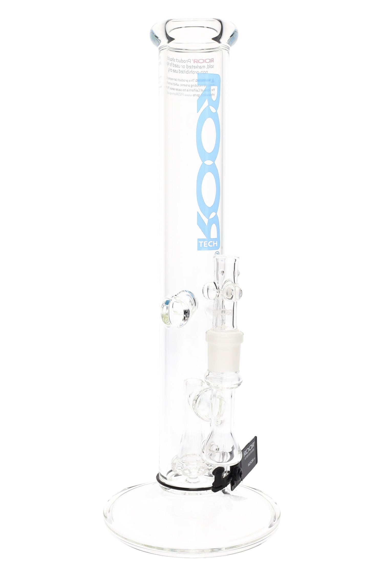 ROOR Tech 14-inch clear straight tube water pipe, showerhead percolator, 5 mm thick borosilicate, light-blue decal.
