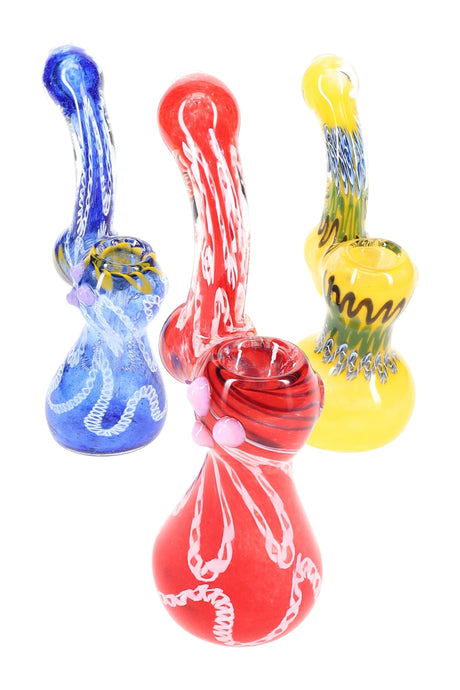 Large frit glass sherlock bubbler with curved neck, round water chamber, and side carb—assorted red, blue, and yellow colorways.