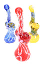 Large frit glass sherlock bubbler with curved neck, round water chamber, and side carb—assorted red, blue, and yellow colorways.