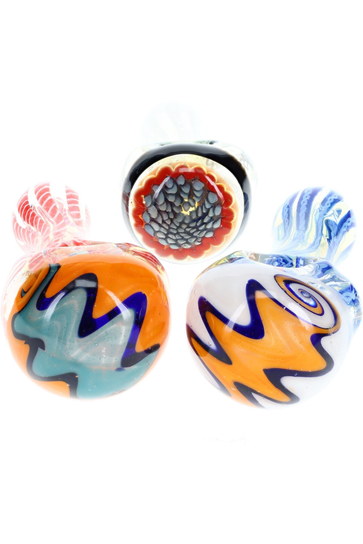 Close-up of three reverse-worked spoon bowls showing bold multicolor caps on 5″ striped glass pipes; colors vary, sold individually.