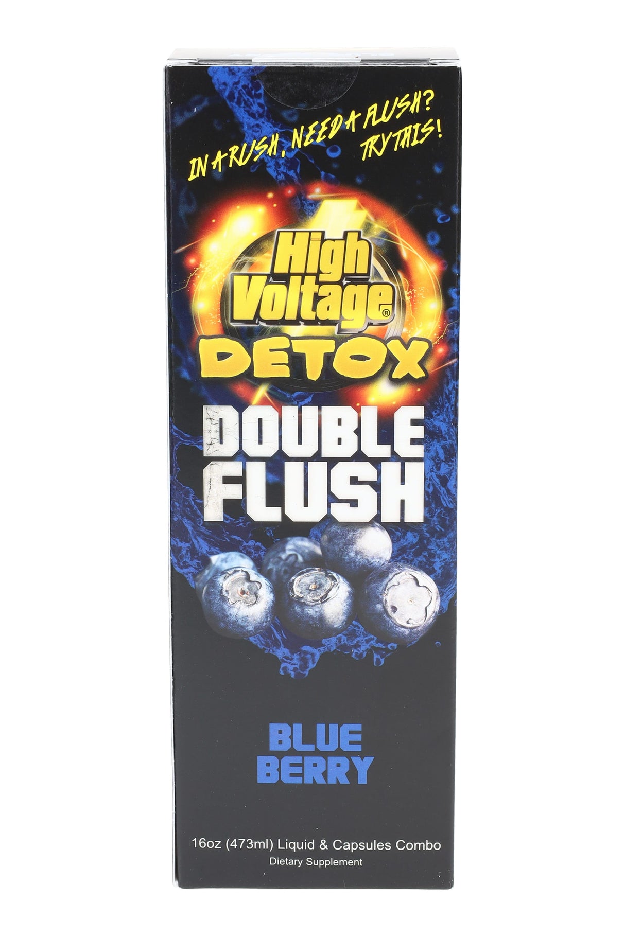 High Voltage Double Flush detox box, Blue Berry flavor, blue splash design with “Double Flush” and combo details.