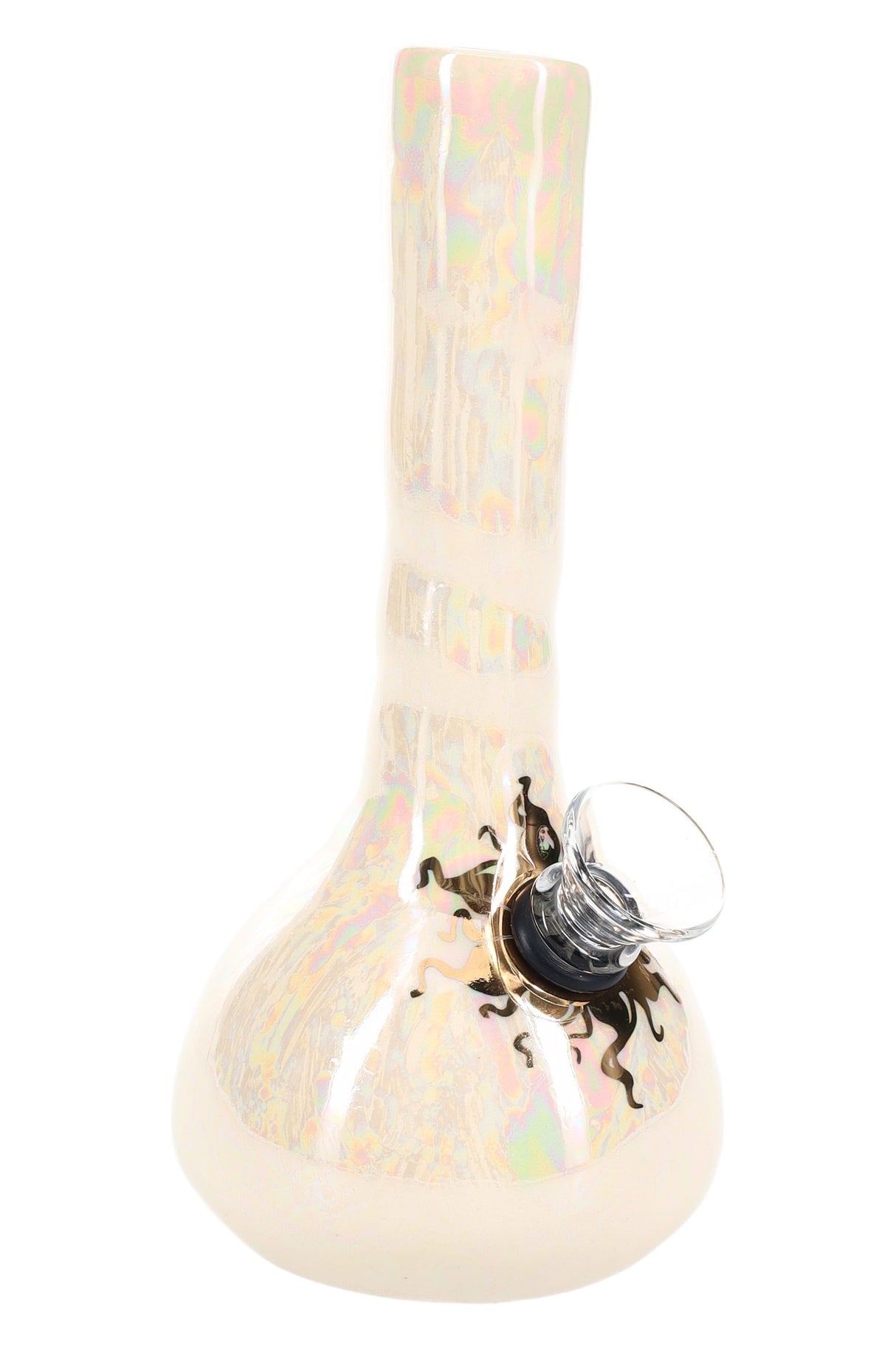 White “mother of pearl” 5″ ceramic water pipe with iridescent sheen and gold design near the joint.