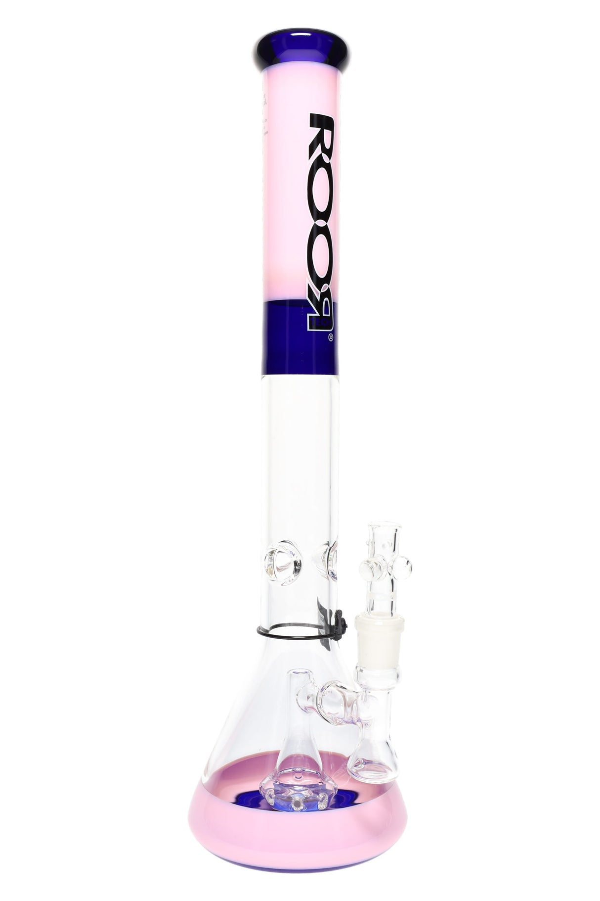 ROOR Tech 18-inch multicolor beaker bong, 5 mm glass, showerhead percolator, glass-on-glass fittings, pink–blue colorway.