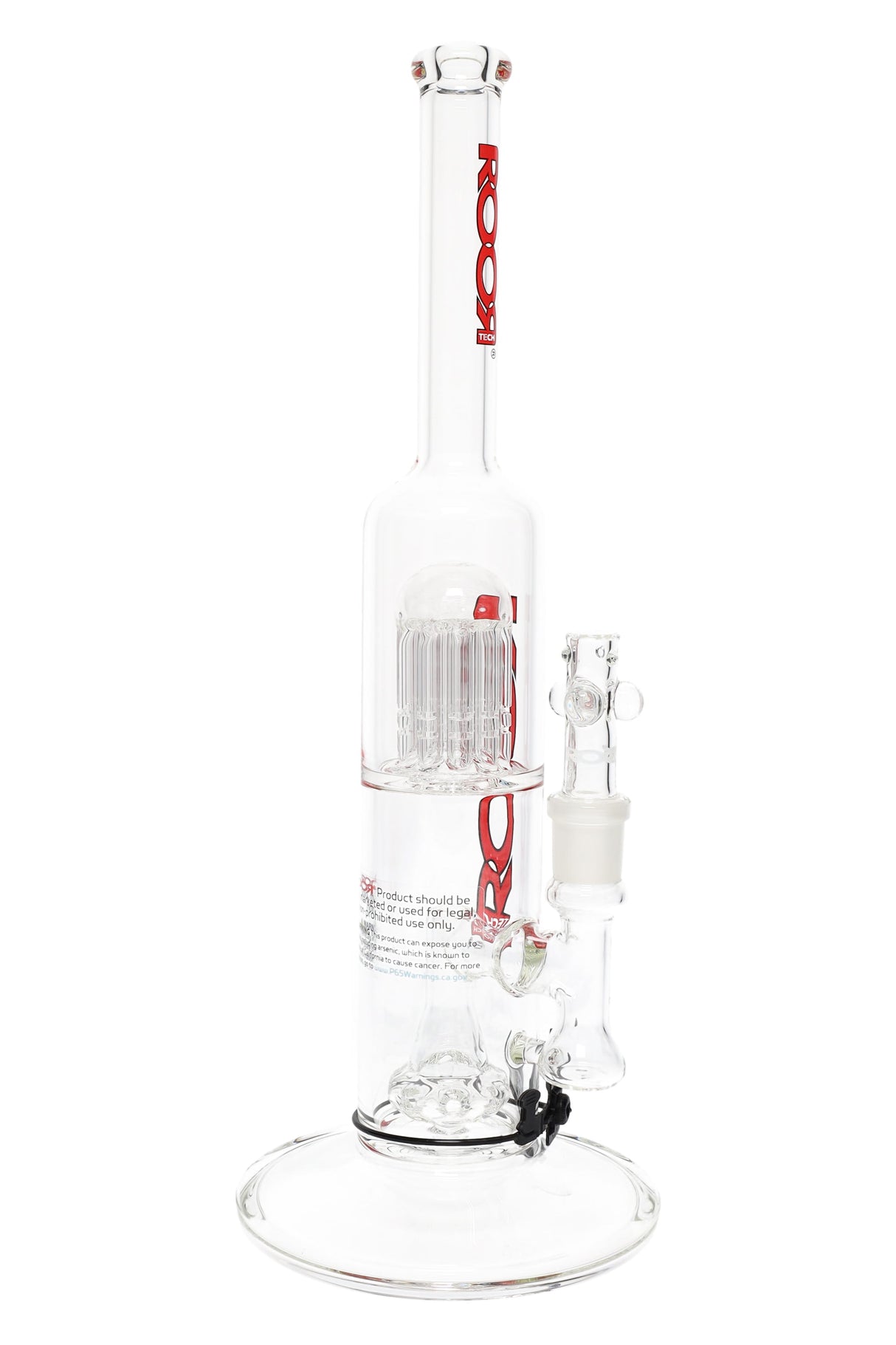 ROOR Tech 14″ straight shooter in clear glass with red decal, wide base and tree-to-showerhead diffusion, bowl and downstem attached.
