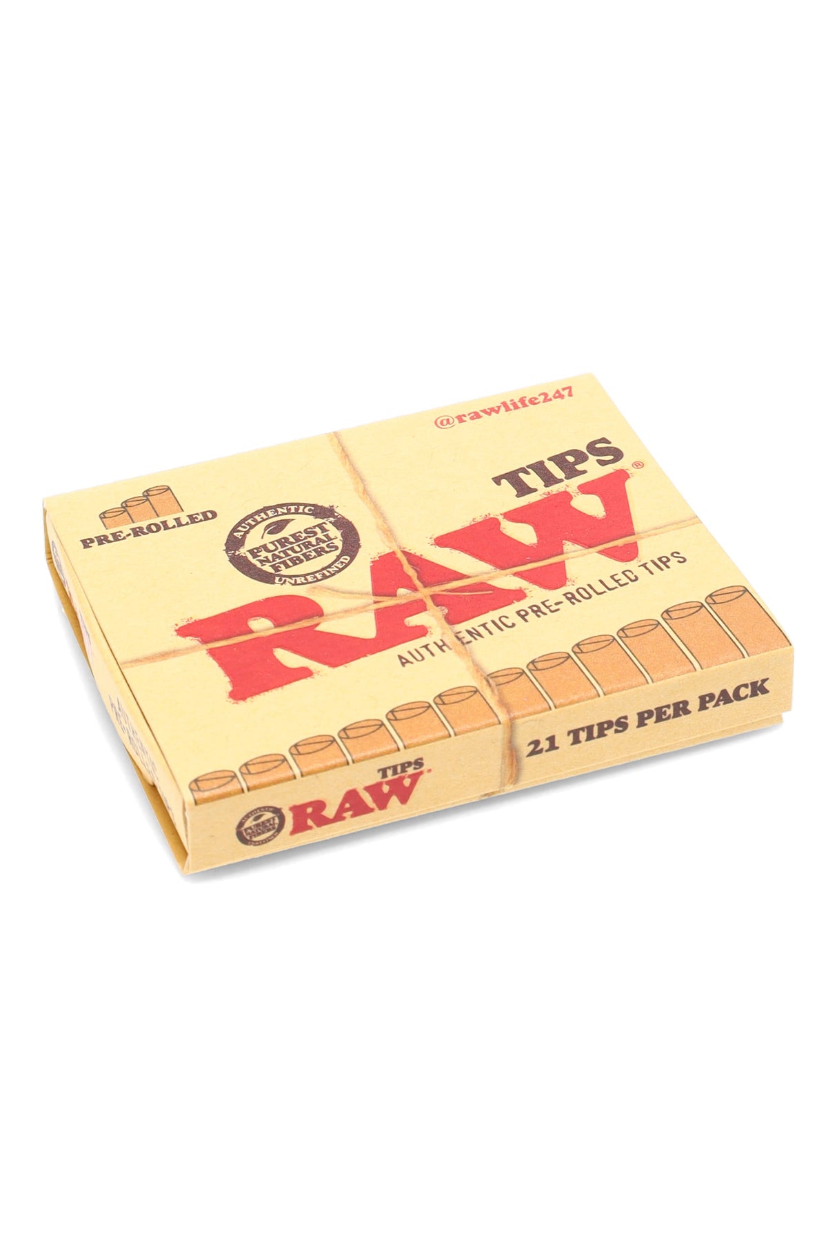 Single booklet from the RAW Organic pre-rolled tips display; compact kraft pack with 21 ready-to-use filter tips.