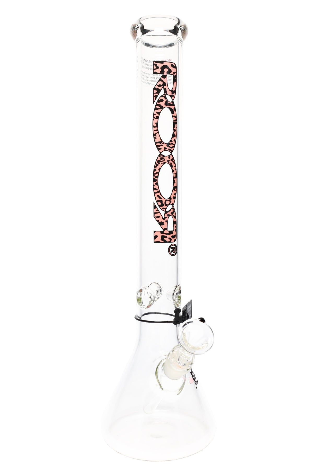 Clear ROOR 18-inch beaker bong with pink leopard ROOR logo, glass-on-glass downstem and bowl, triple ice pinch.