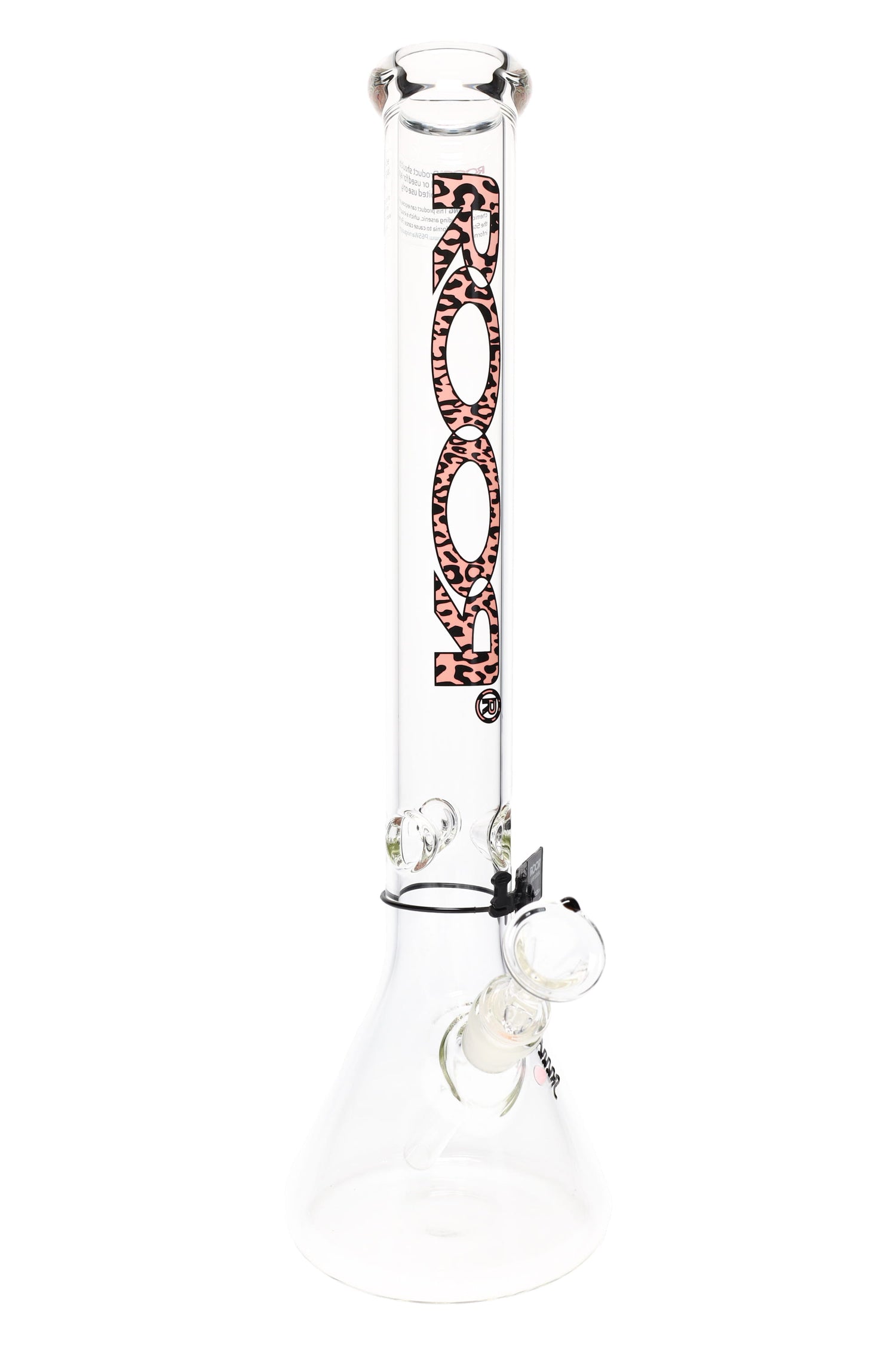 Clear ROOR 18-inch beaker bong with pink leopard ROOR logo, glass-on-glass downstem and bowl, triple ice pinch.