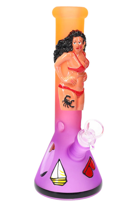 Purple-to-orange 10″ frosted beaker bong featuring red-bikini figure, wide base, and clear herb slide joint.