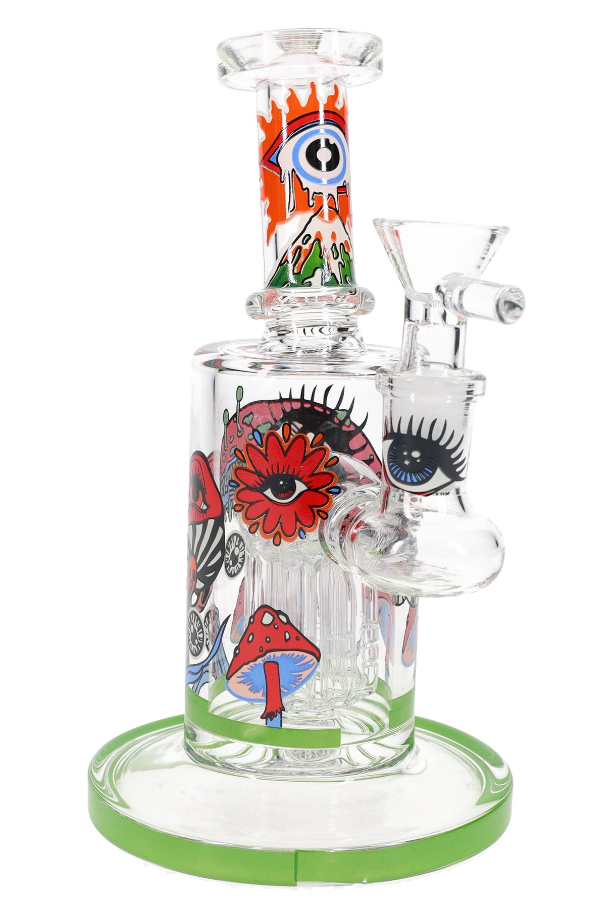 Green-rim 6.5″ mushroom bong with tree perc, lava-eye neck art and lashes graphic near the bowl joint.